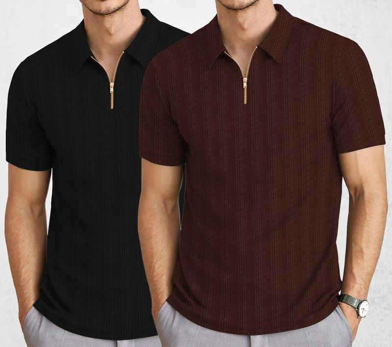 KAJARU Men Zip Neck Polyester T-Shirt Pack of 2 Black, Brown - Image 5