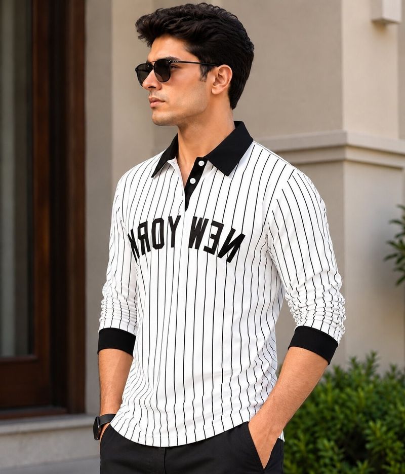 KAJARU Men Striped Typography Polo Neck Cotton Blend T-Shirt (Black) - Image 7