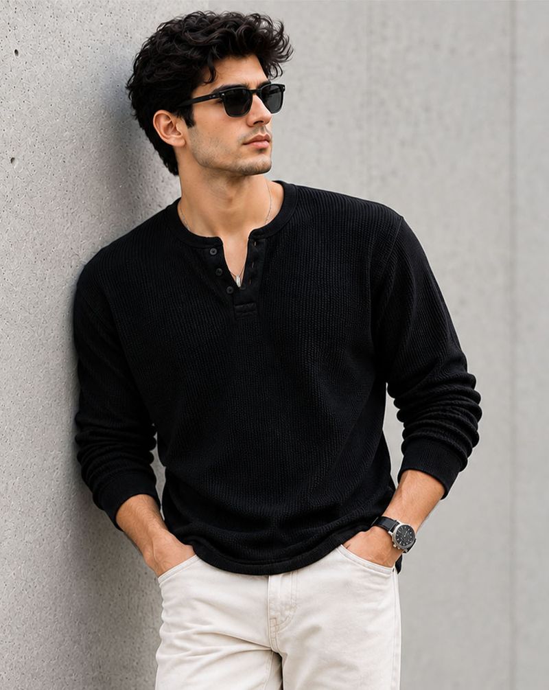 ENITOR Men Black Henley Neck Cotton Blend T-Shirt - Image 4