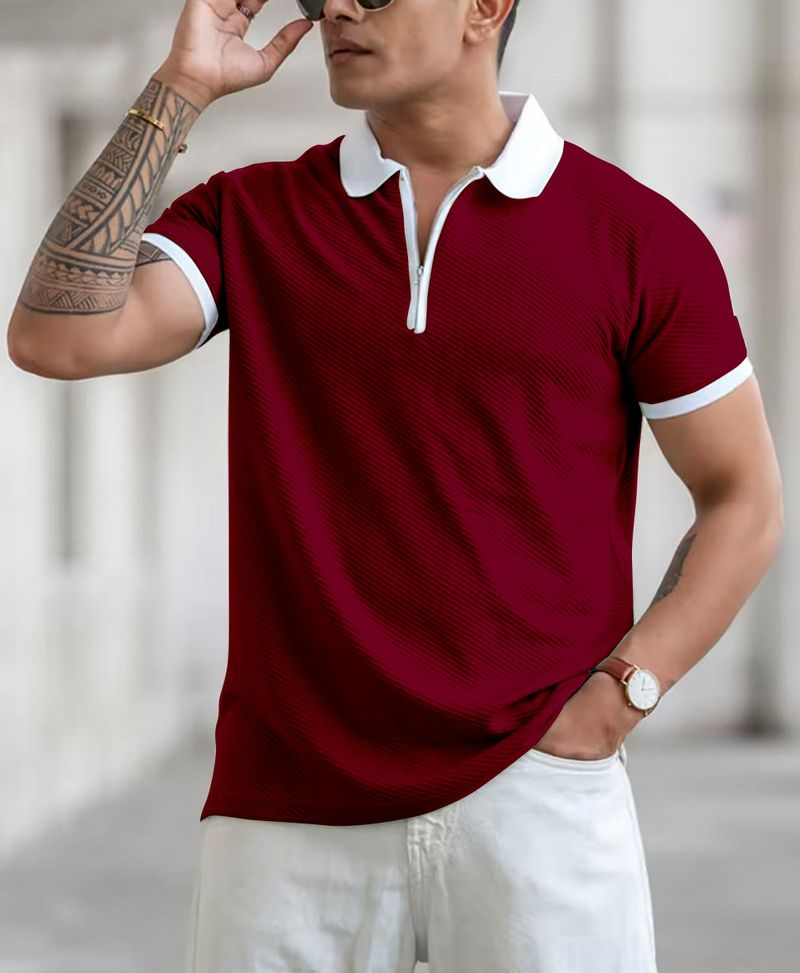 COMBRAIDED Men Maroon Polycotton Polo Neck T-Shirt - Image 4