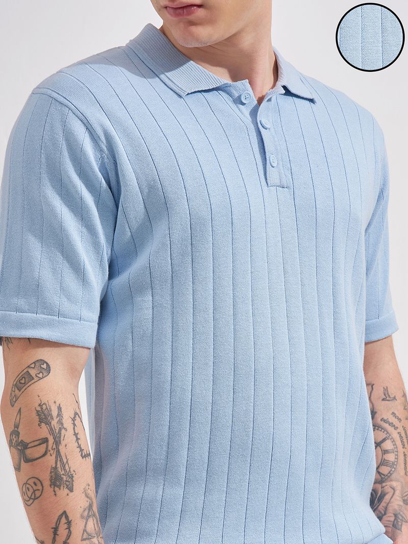 HIGHLANDER Men Light Blue Polo Neck T-Shirt - Image 2