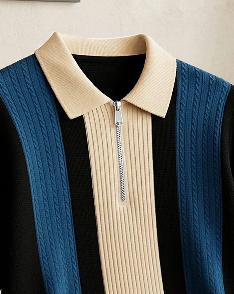 ENITOR Men Beige Striped Zip Neck T-Shirt - Image 6