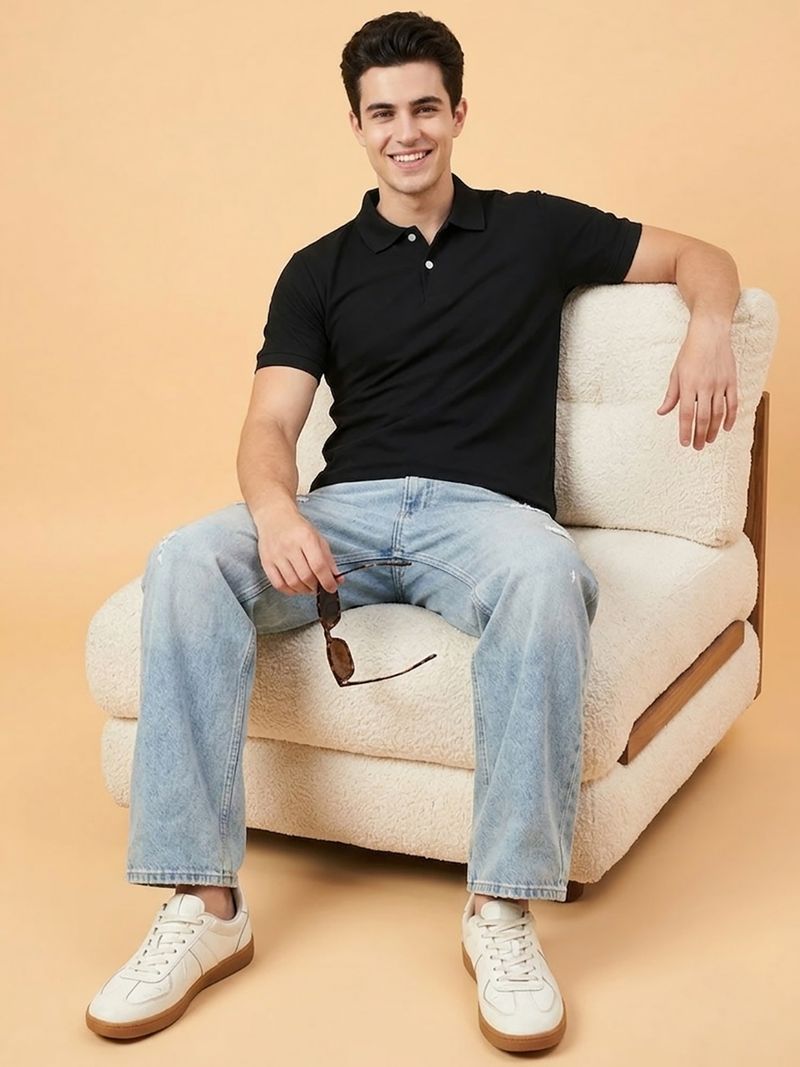 GENZA Men Black Cotton Blend Polo Neck T-Shirt - Image 6