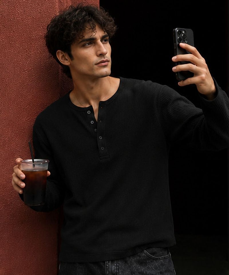 NOOK Men Black Henley Neck Cotton Blend T-Shirt - Image 4