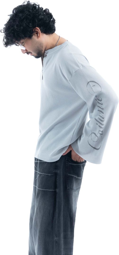 COITONIC Men Grey Mandarin Collar Cotton T-Shirt - Image 4