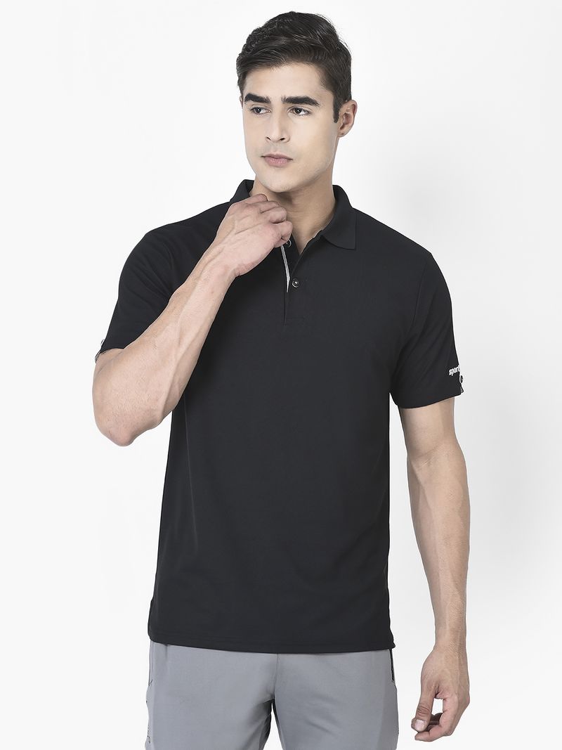 Sport Sun Men Black Striped Polo Neck T-Shirt - Image 2