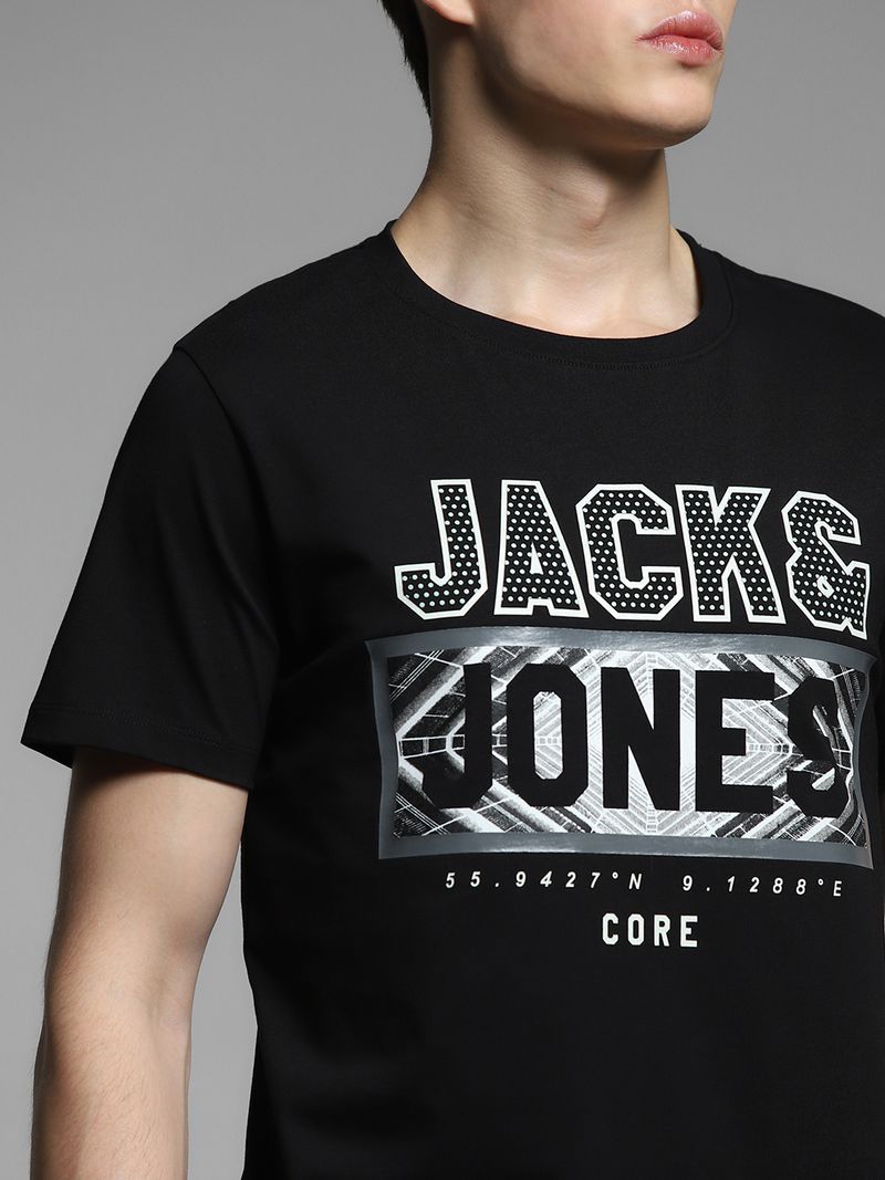 JACK & JONES Men Typography Round Neck Cotton Blend Black T-Shirt - Image 6