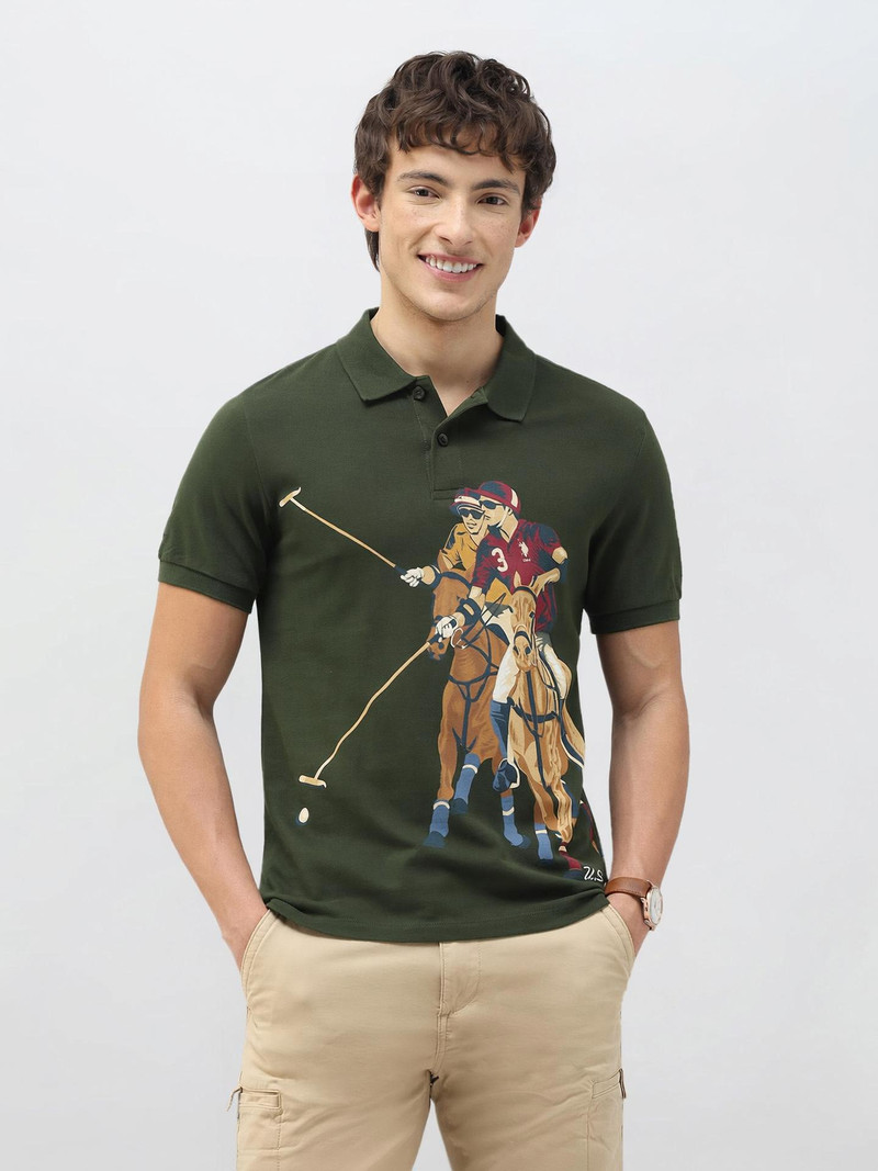 Men Graphic Print Polo Neck Pure Cotton Green T-Shirt