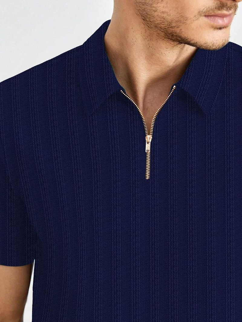 Men Navy Blue Zip Neck Cotton Blend T-Shirt - Image 6