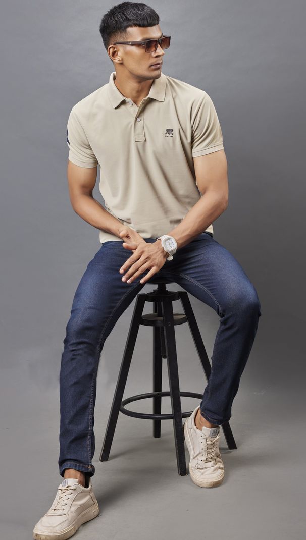 3BROS Men Beige Polyester Polo Neck T-Shirt - Image 6
