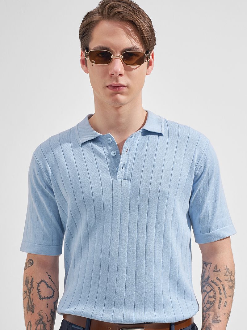 HIGHLANDER Men Light Blue Polo Neck T-Shirt - Image 6