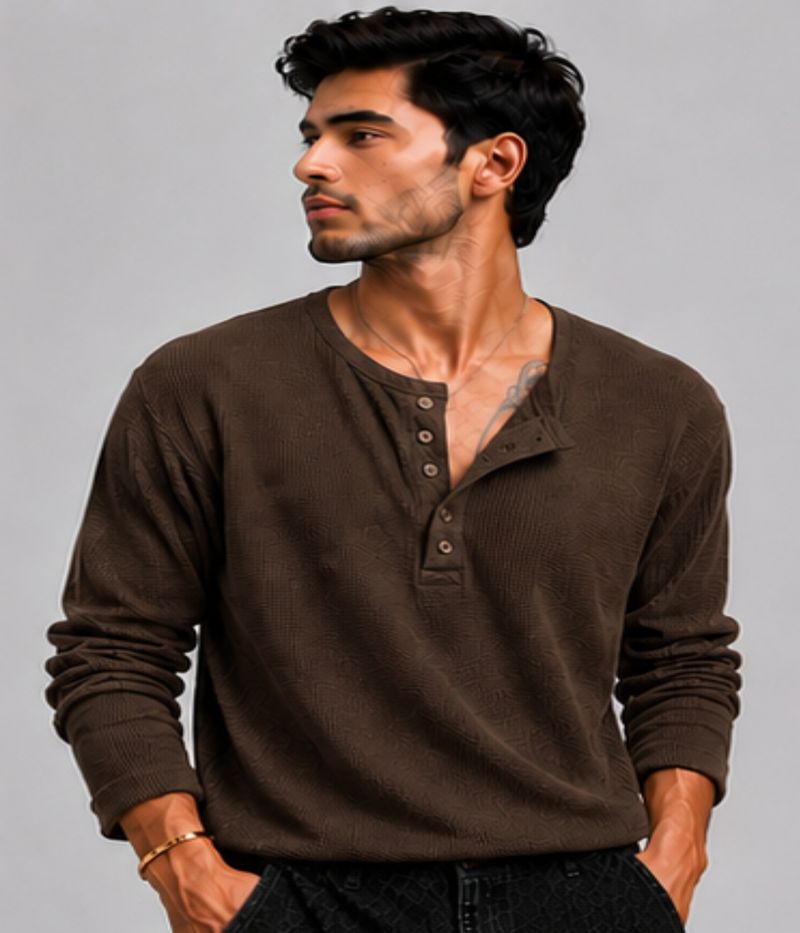 HeraDawn Men Brown Henley Neck Polyester T-Shirt - Image 5