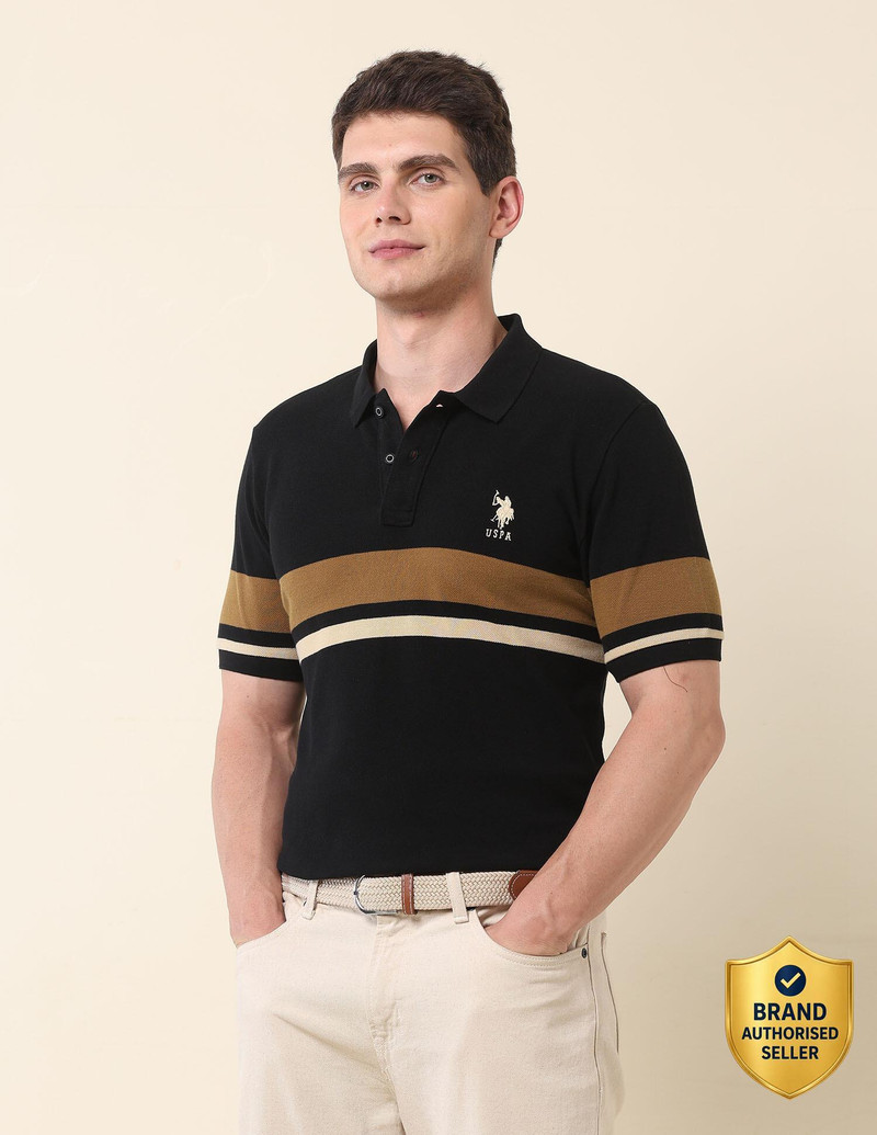 U.S. POLO ASSN. Men Striped Polo Neck Pure Cotton Black T-Shirt