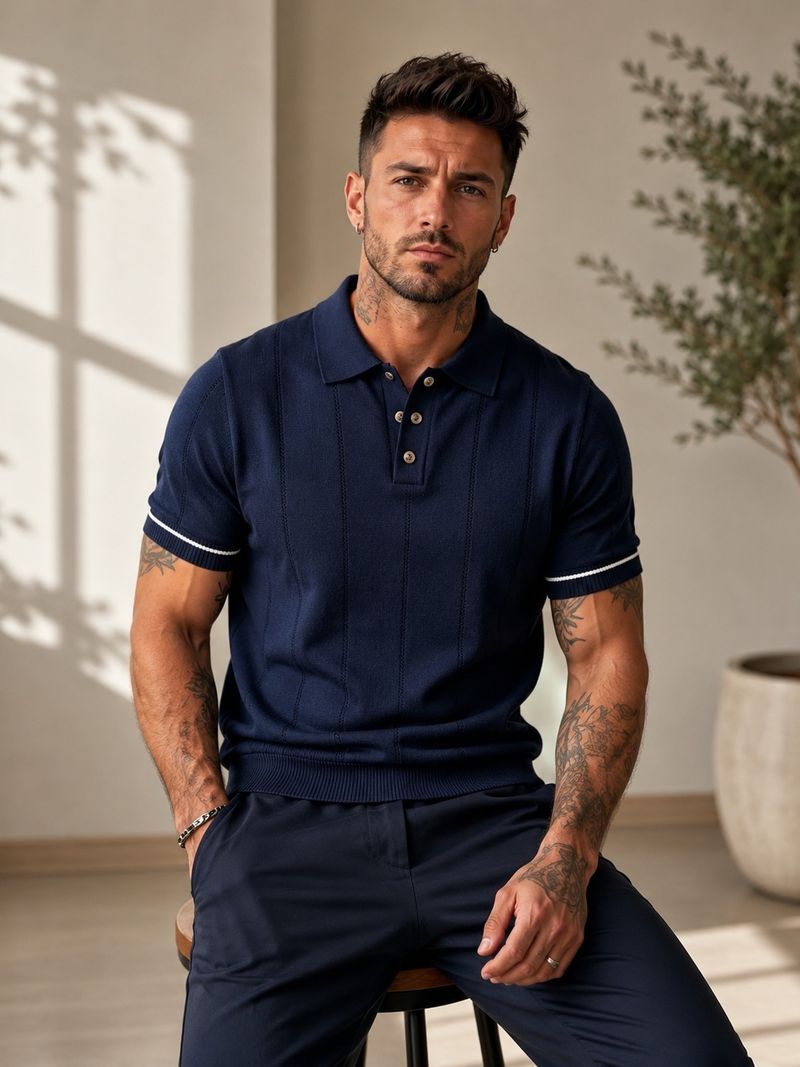 sti Men Navy Blue Cotton Polo Neck T-Shirt - Image 6