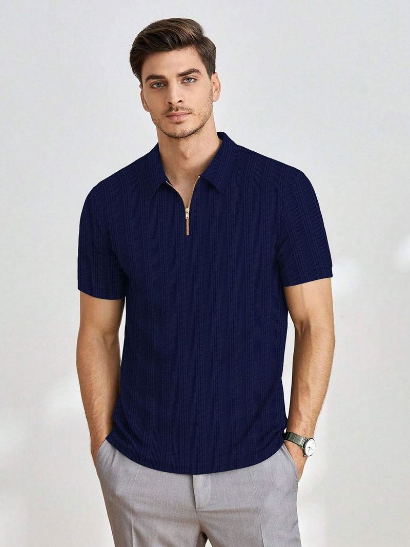 Men Navy Blue Zip Neck Cotton Blend T-Shirt - Image 2
