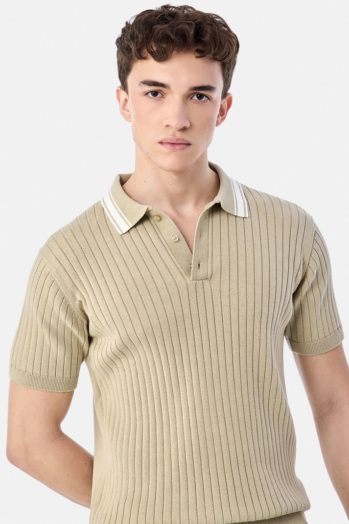 Snitch Men Beige Striped Polo Neck T-Shirt - Image 4
