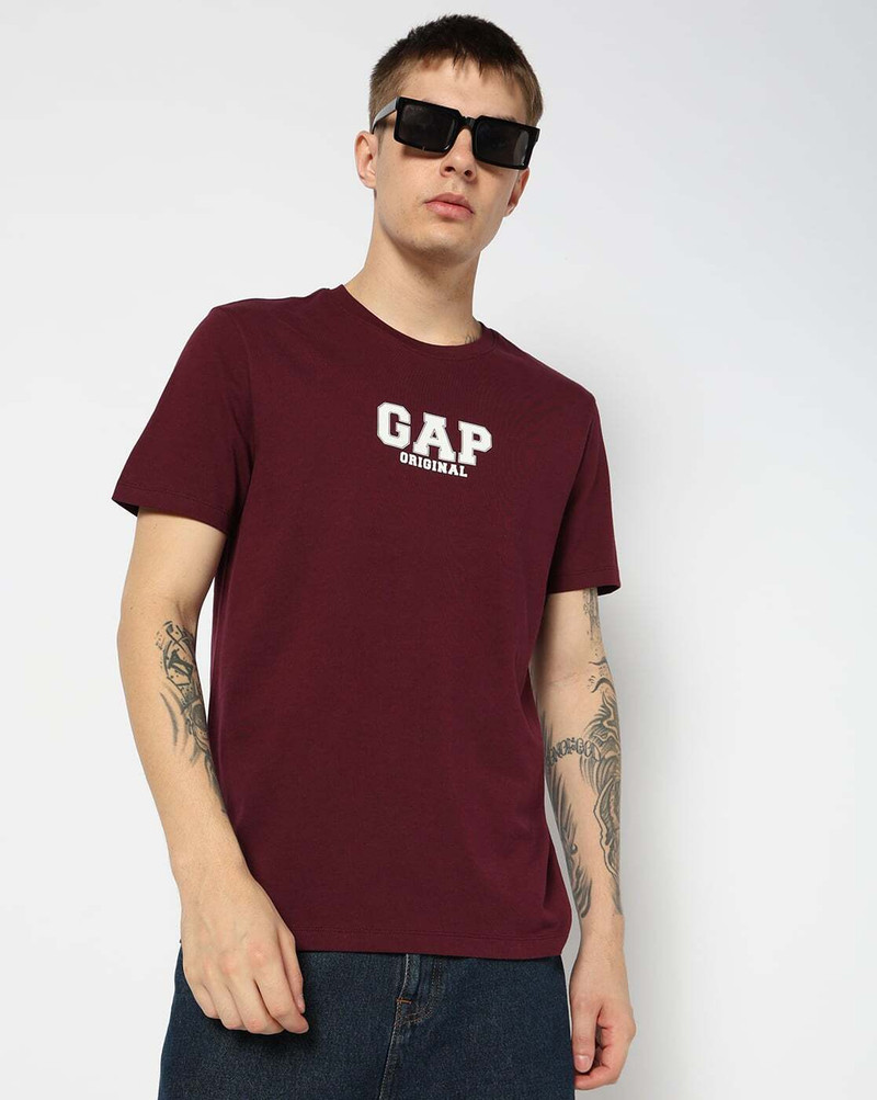 Men Printed Crew Neck Pure Cotton Maroon T-Shirt
