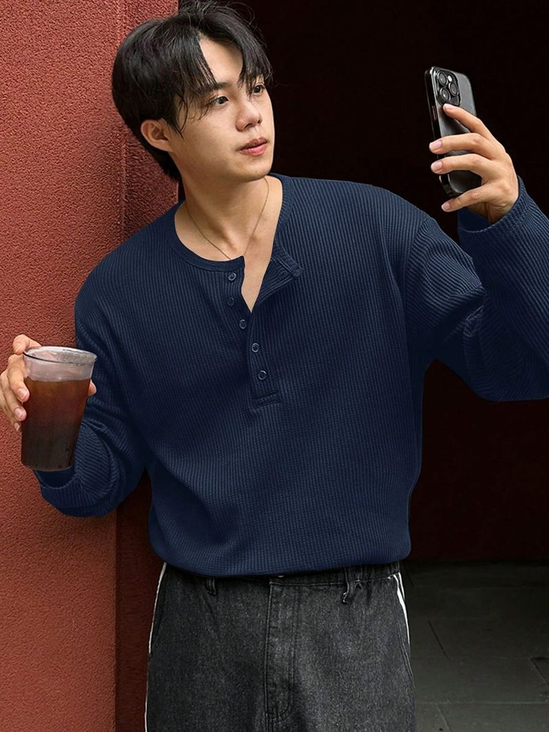 sti Men Solid Henley Neck Polyester Blue T-Shirt - Image 5