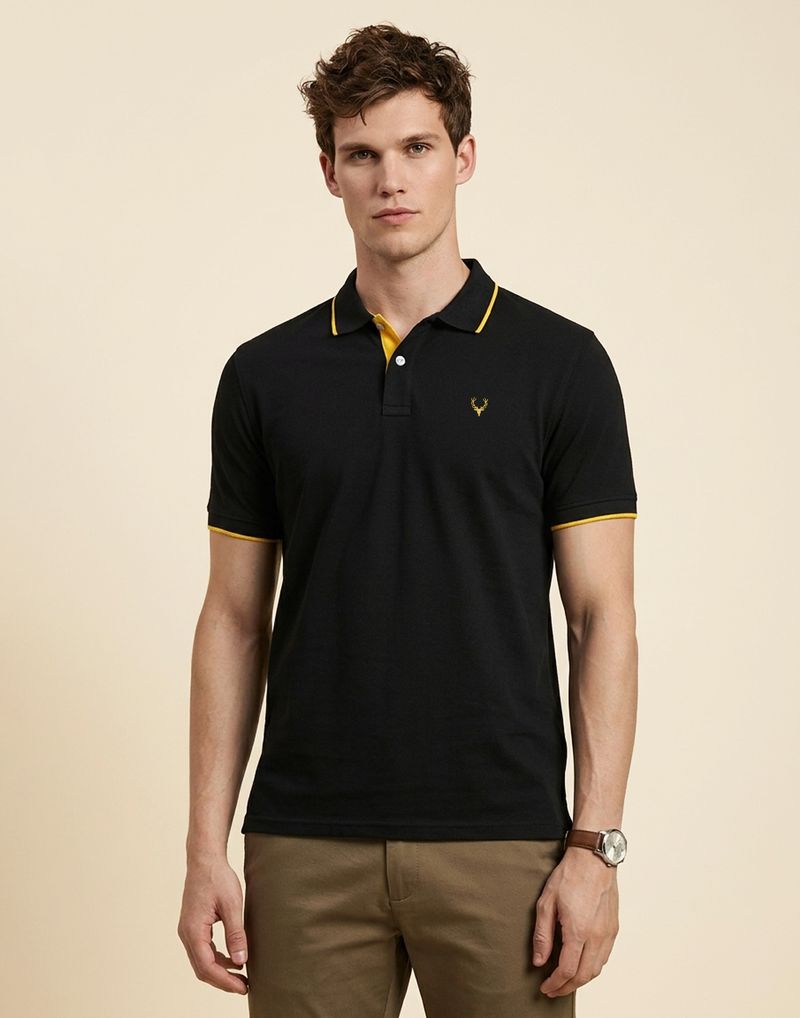 Allen Solly Men Black Cotton Blend Polo Neck T-Shirt - Image 2
