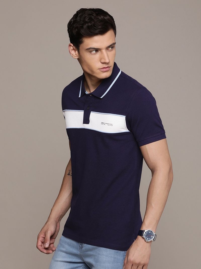 French Connection Navy Blue Cotton Polo Neck T-Shirt - Image 4