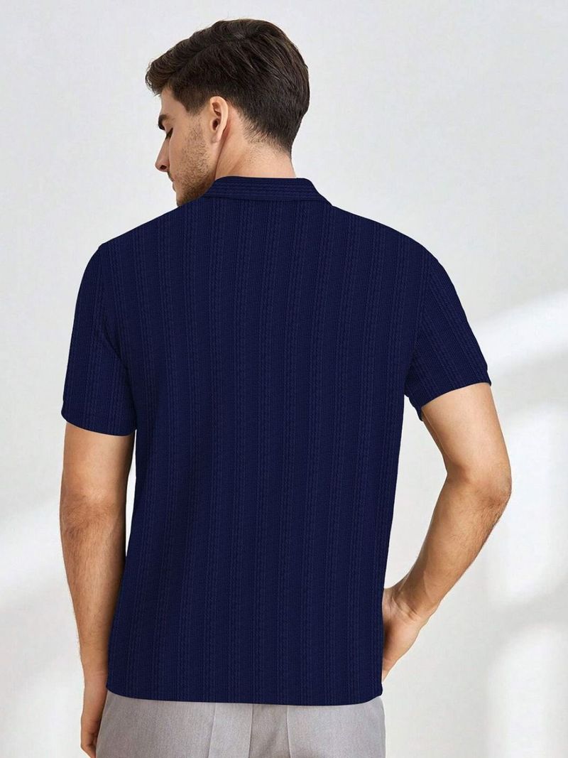Men Navy Blue Zip Neck Cotton Blend T-Shirt - Image 4