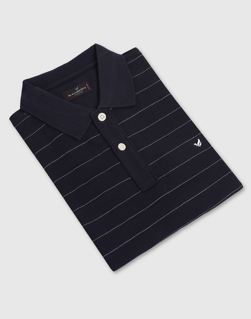 Blackberrys Men Dark Blue Striped Polo Neck T-Shirt - Image 6