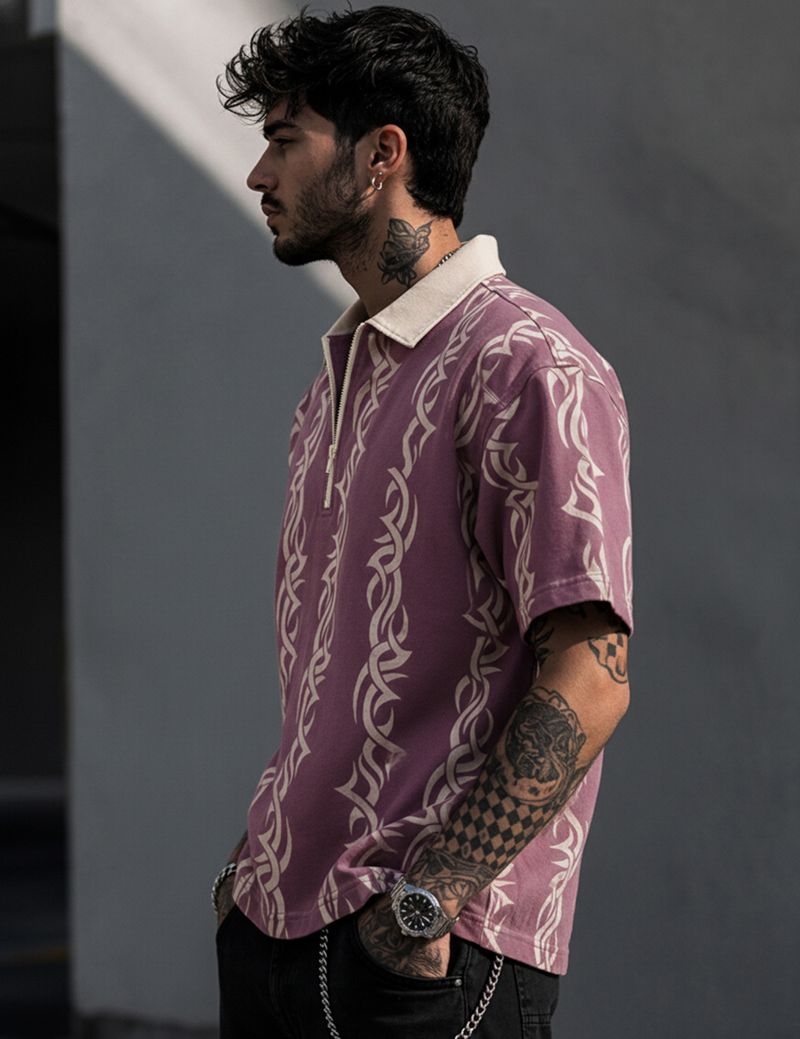 Force Men Printed Zip Neck Cotton Blend Pink T-Shirt - Image 4