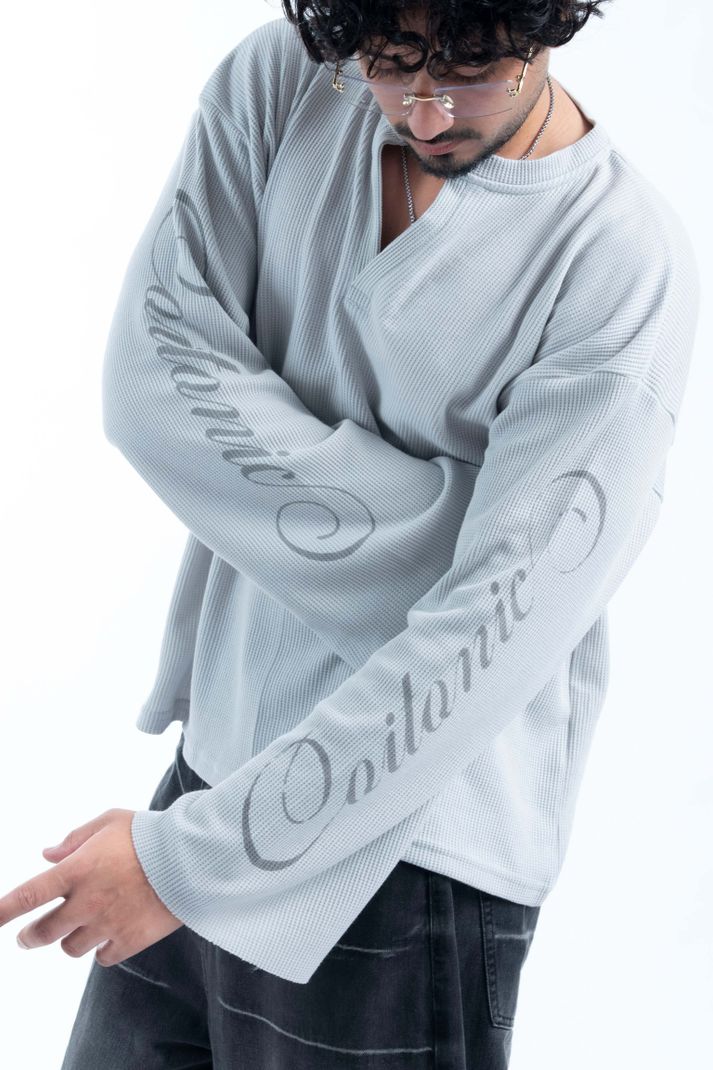 COITONIC Men Grey Mandarin Collar Cotton T-Shirt - Image 5