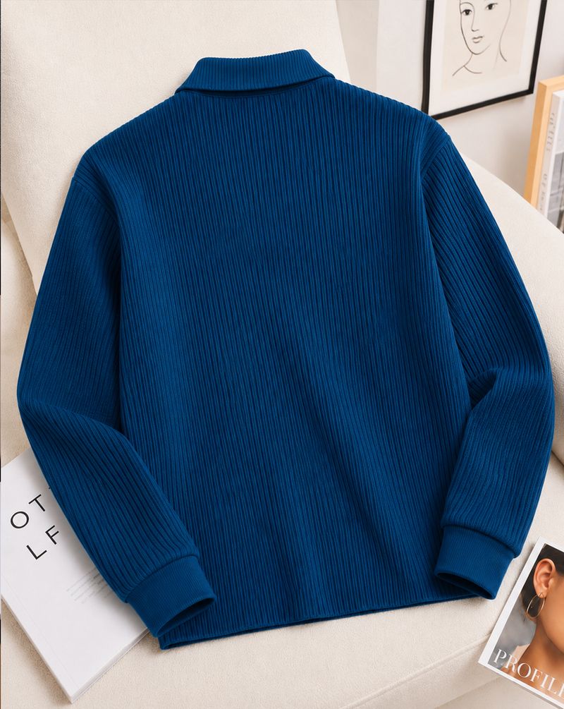 AOOSH Men Self Design Zip Neck Cotton Blend Blue T-Shirt - Image 3