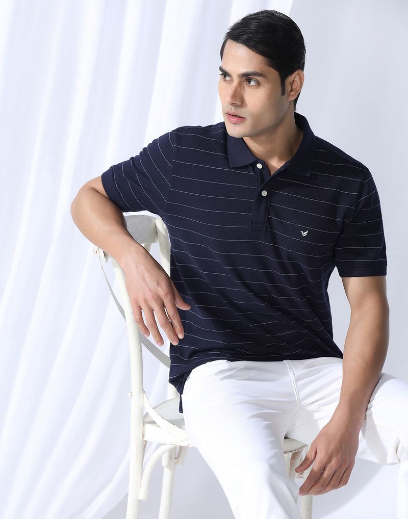 Blackberrys Men Dark Blue Striped Polo Neck T-Shirt - Image 2
