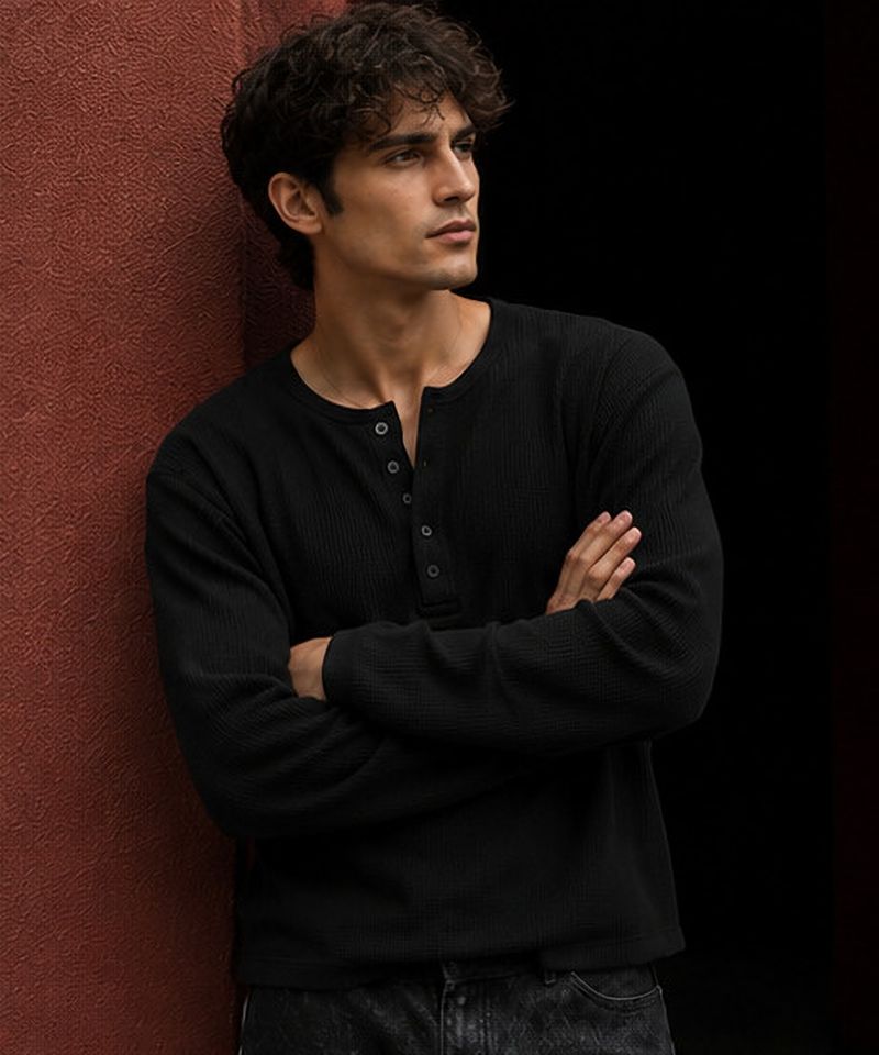NOOK Men Black Henley Neck Cotton Blend T-Shirt - Image 5