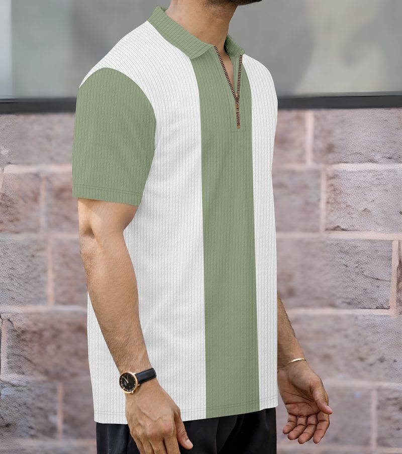 KAJARU Men Colorblock Zip Neck Polyester T-Shirt (Light Green, White) - Image 5