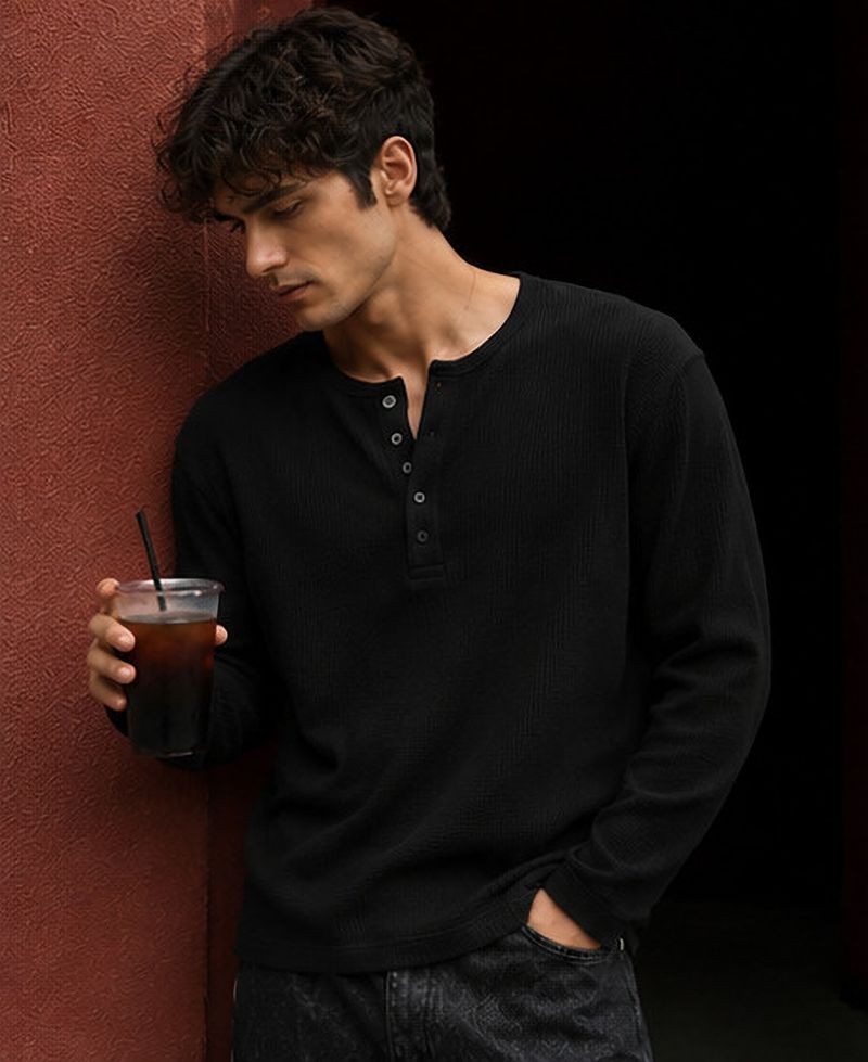 NOOK Men Black Henley Neck Cotton Blend T-Shirt - Image 6