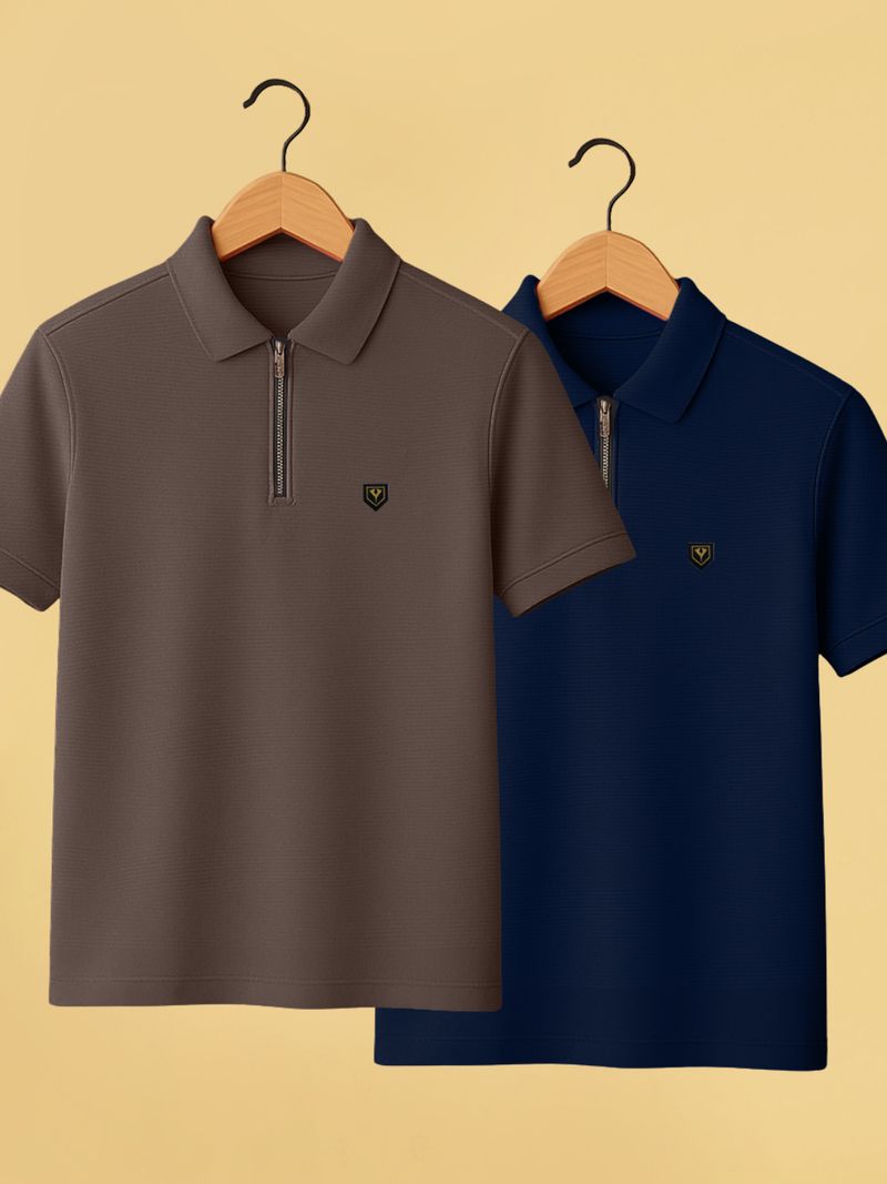 Yazole Men's 2-Pack Brown Navy Blue Polo Neck T-Shirt - Image 2