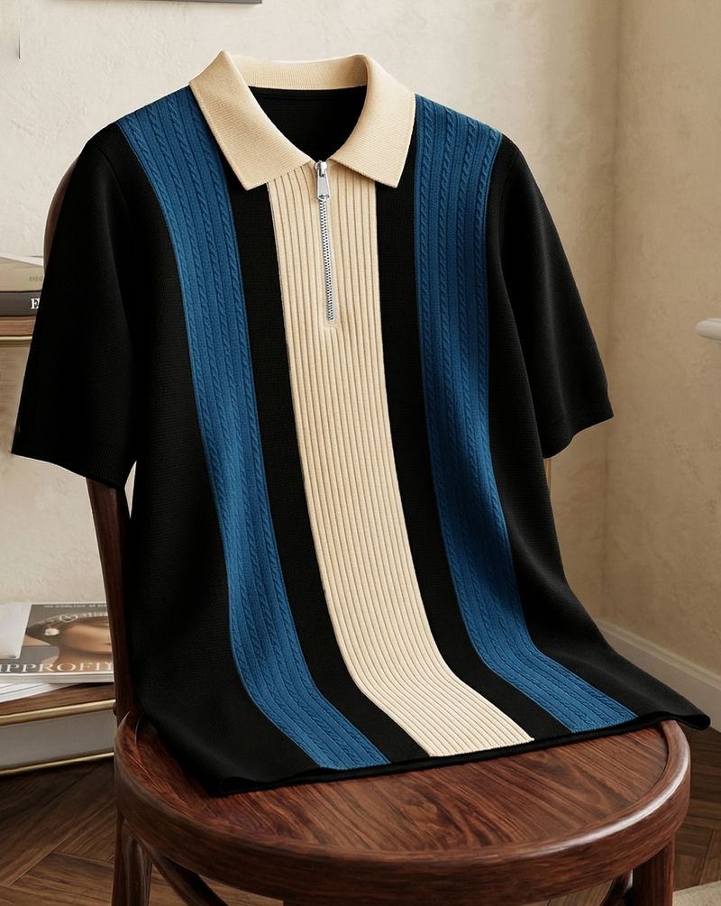 ENITOR Men Beige Striped Zip Neck T-Shirt - Image 2