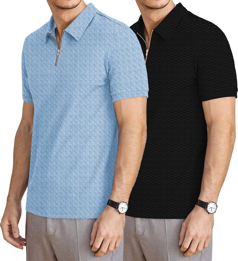 KAJARU Men Zip Neck Polyester T-Shirt Pack of 2 Black, Light Blue - Image 4