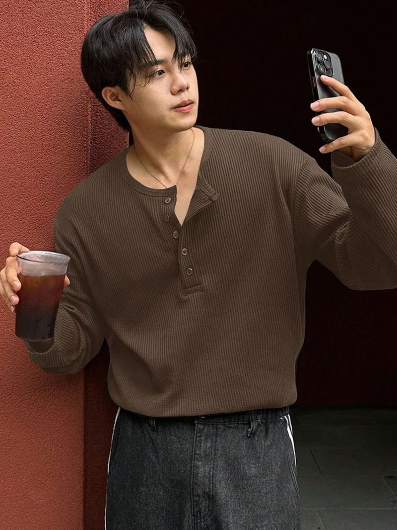 HeraDawn Men Striped Henley Neck Polyester Brown T-Shirt - Image 6