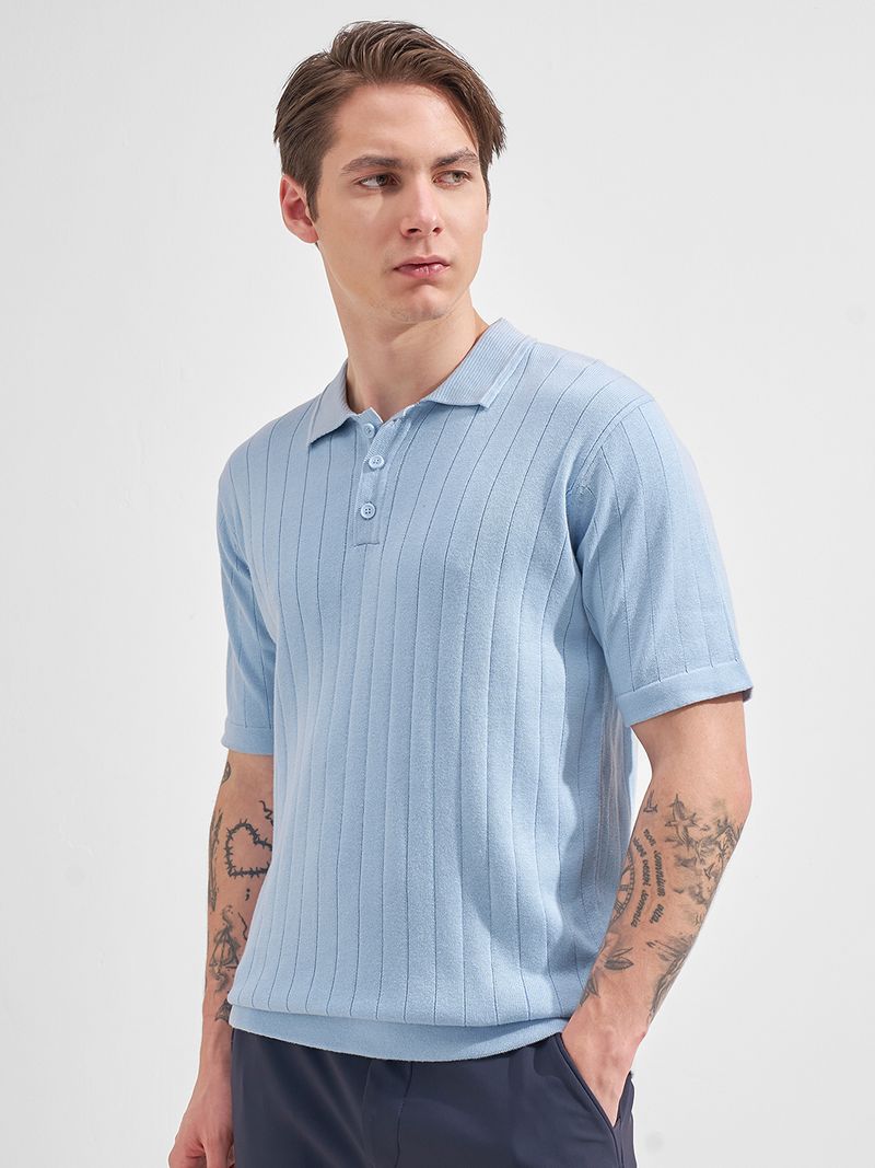 HIGHLANDER Men Light Blue Polo Neck T-Shirt - Image 5