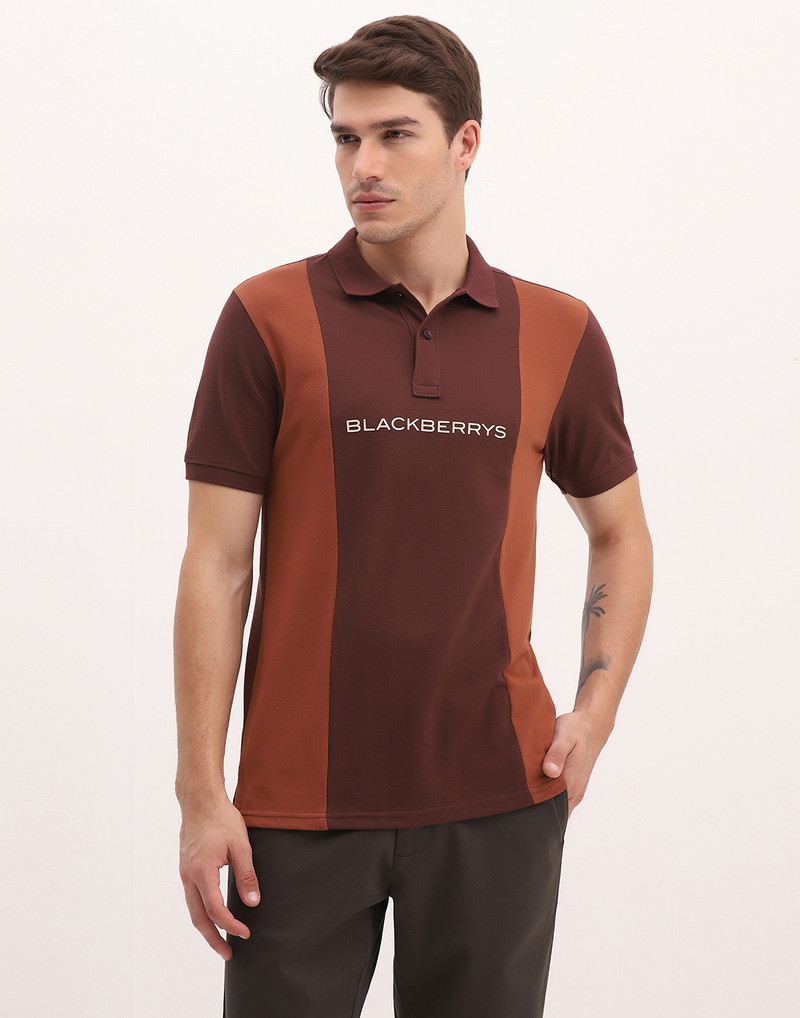 Men Colorblock Polo Neck Cotton Blend Brown T-Shirt