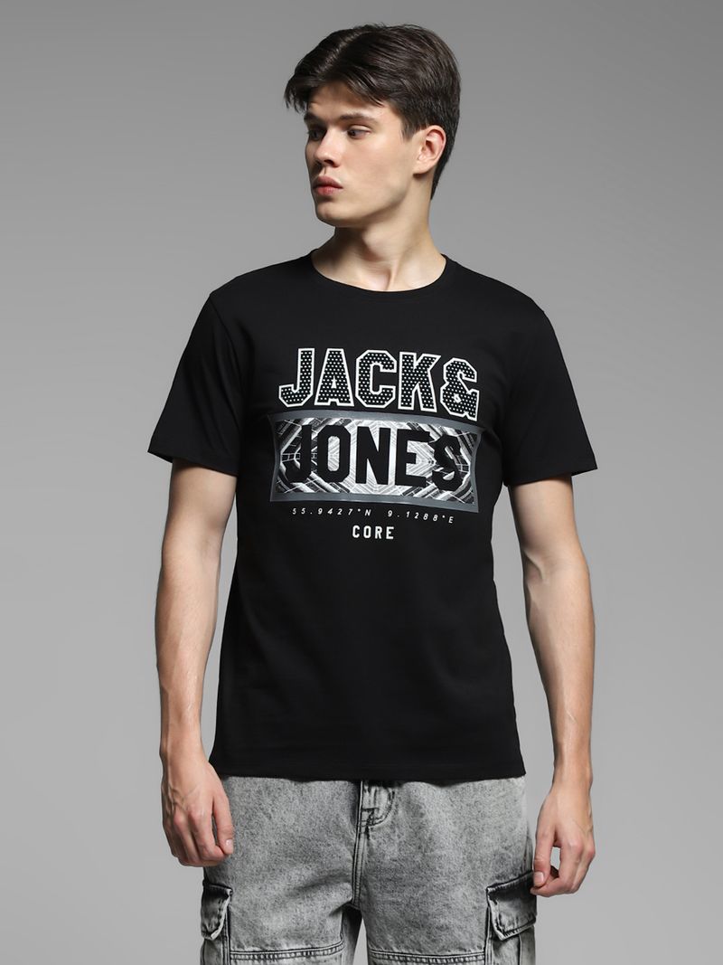 JACK & JONES Men Typography Round Neck Cotton Blend Black T-Shirt - Image 3