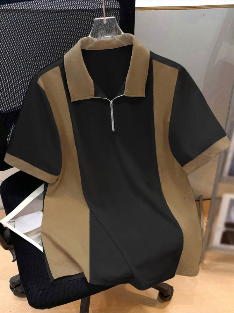 try this men colorblock polo neck cotton blend black, brown t-shirt
