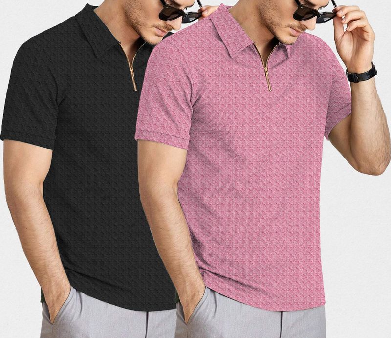 KAJARU Men's 2-Pack Zip Neck T-Shirts Black, Pink - Image 5