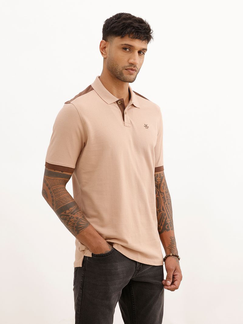WROGN Men Colorblock Polo Neck Pure Cotton Brown T-Shirt - Image 6