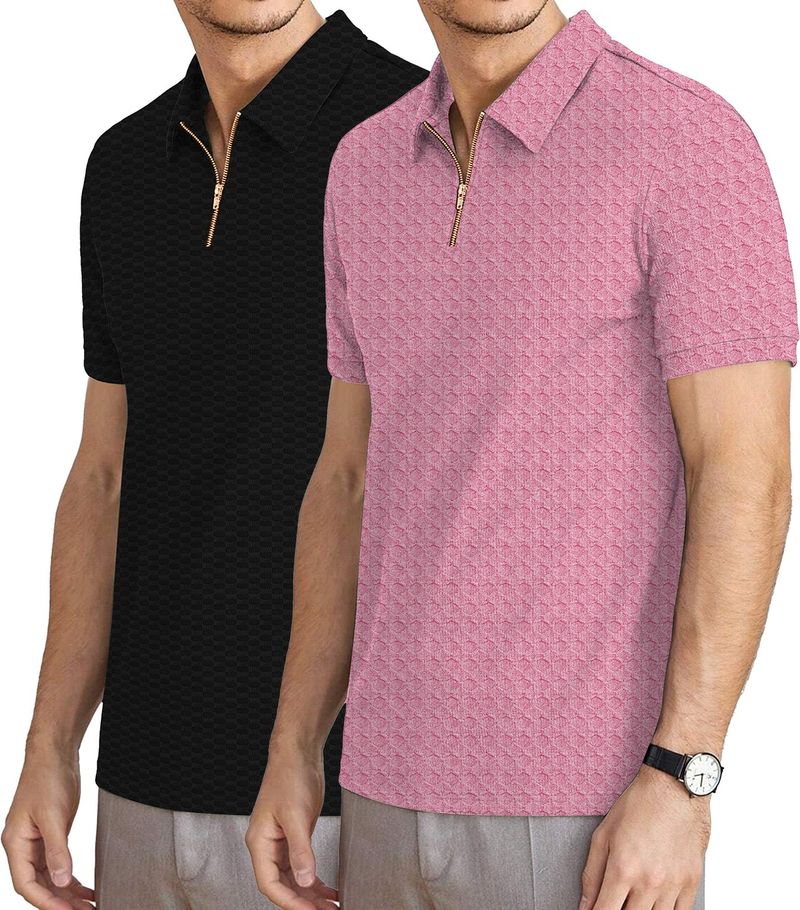 KAJARU Men's 2-Pack Zip Neck T-Shirts Black, Pink - Image 4