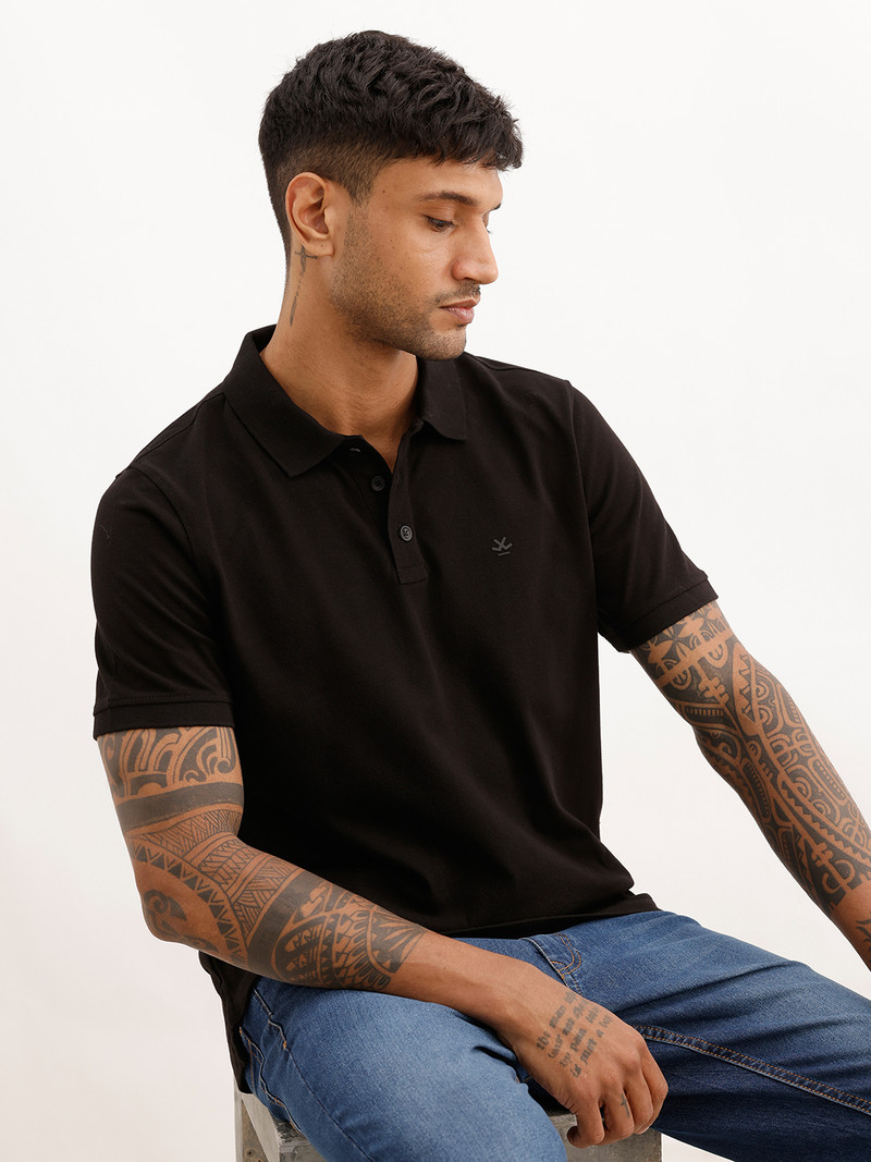 Men Solid Polo Neck Pure Cotton Black T-Shirt