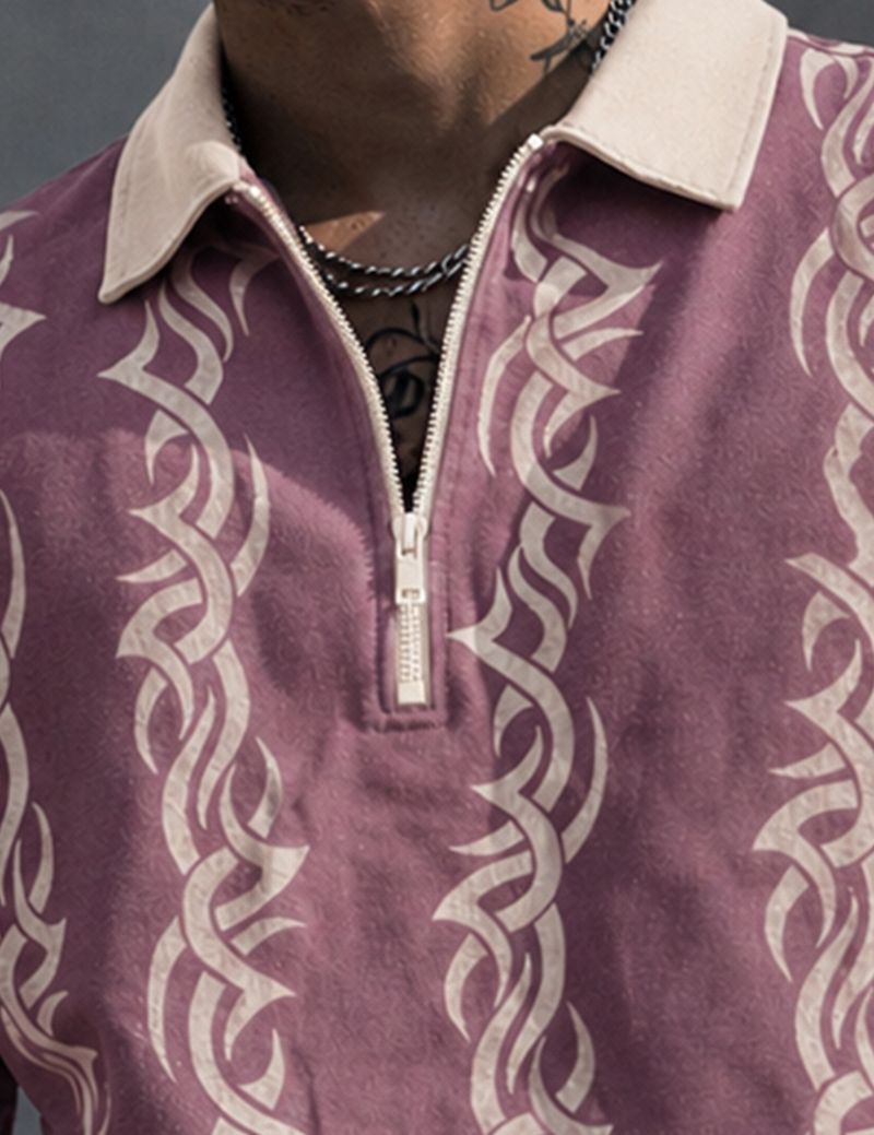 Force Men Printed Zip Neck Cotton Blend Pink T-Shirt - Image 6