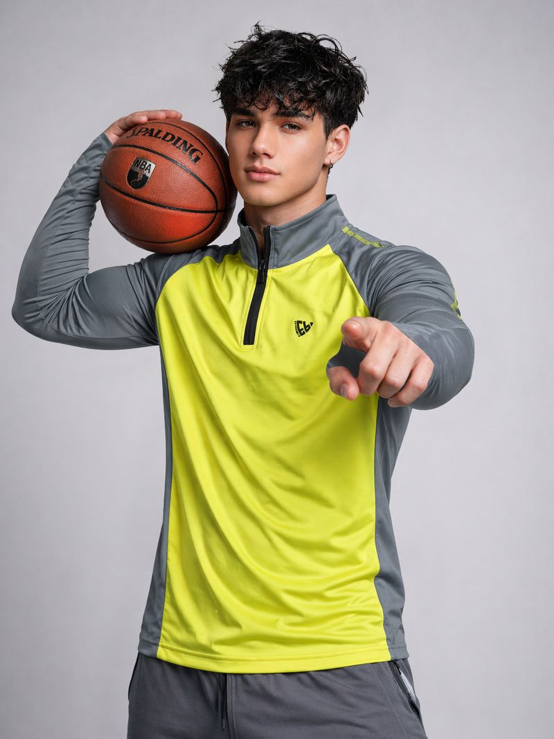 EyeBogler Men Grey, Yellow Zip Neck T-Shirt - Image 2
