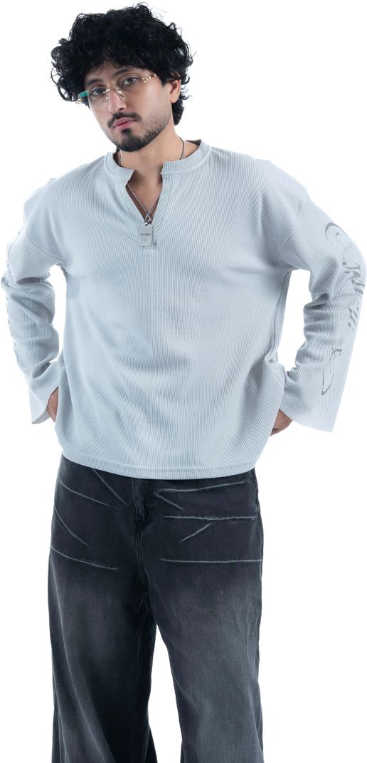 COITONIC Men Grey Mandarin Collar Cotton T-Shirt - Image 2