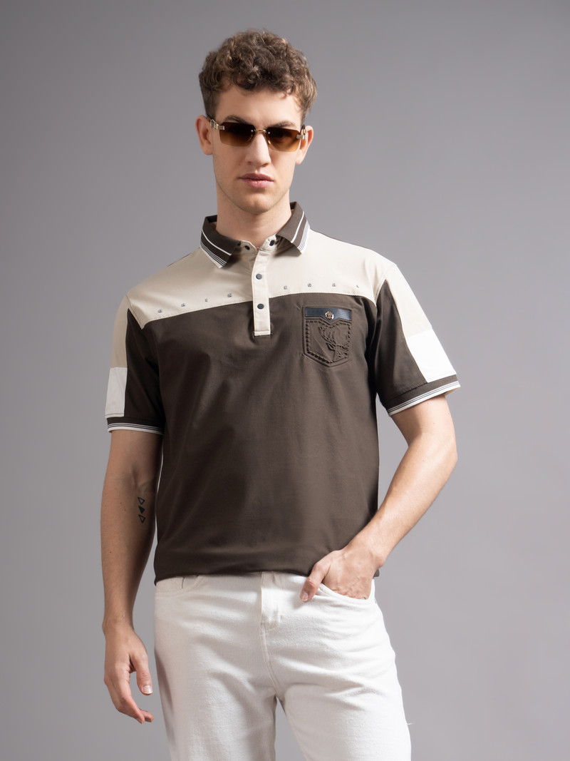 Men Colorblock Polo Neck Cotton Blend Brown T-Shirt