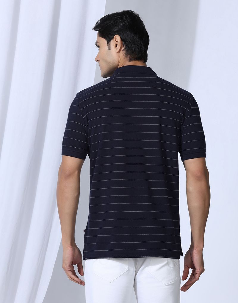 Blackberrys Men Dark Blue Striped Polo Neck T-Shirt - Image 3